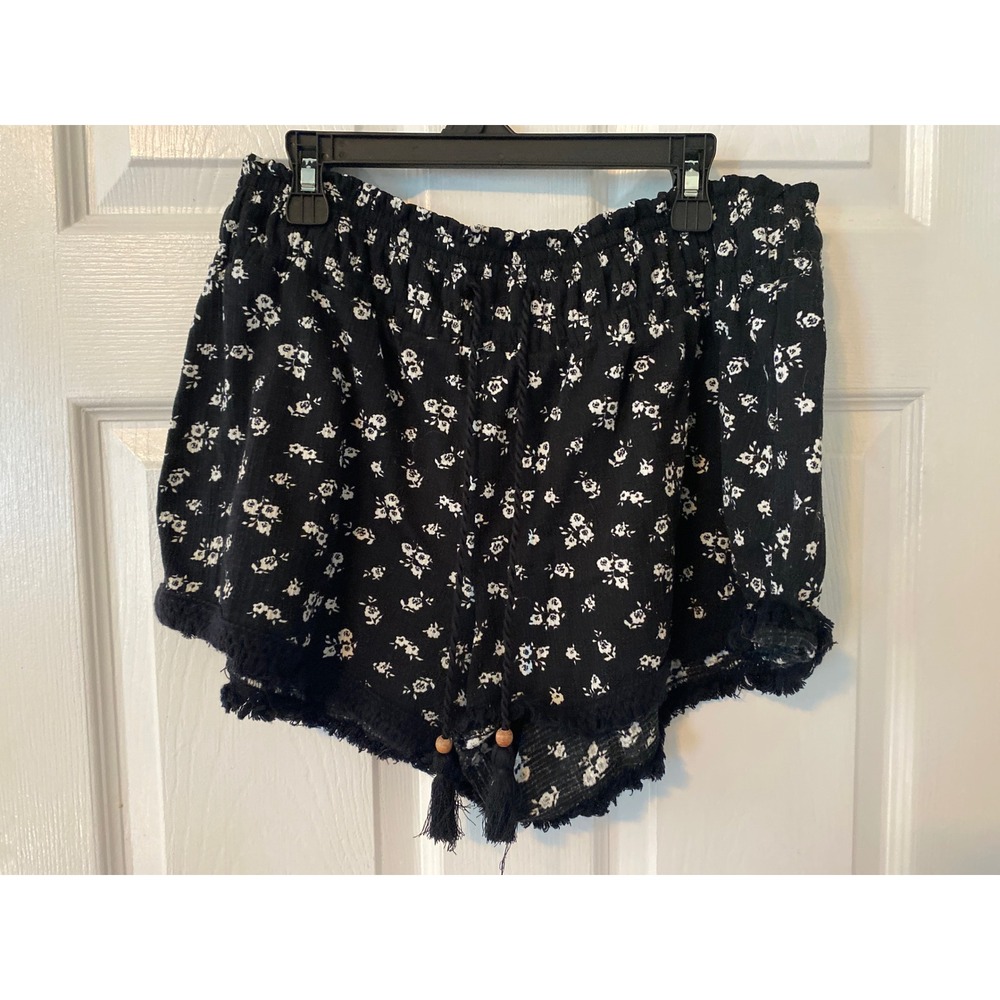 No Boundaries Black White Floral Tassel Fringe Shorts Large 11-13 Boho Summer